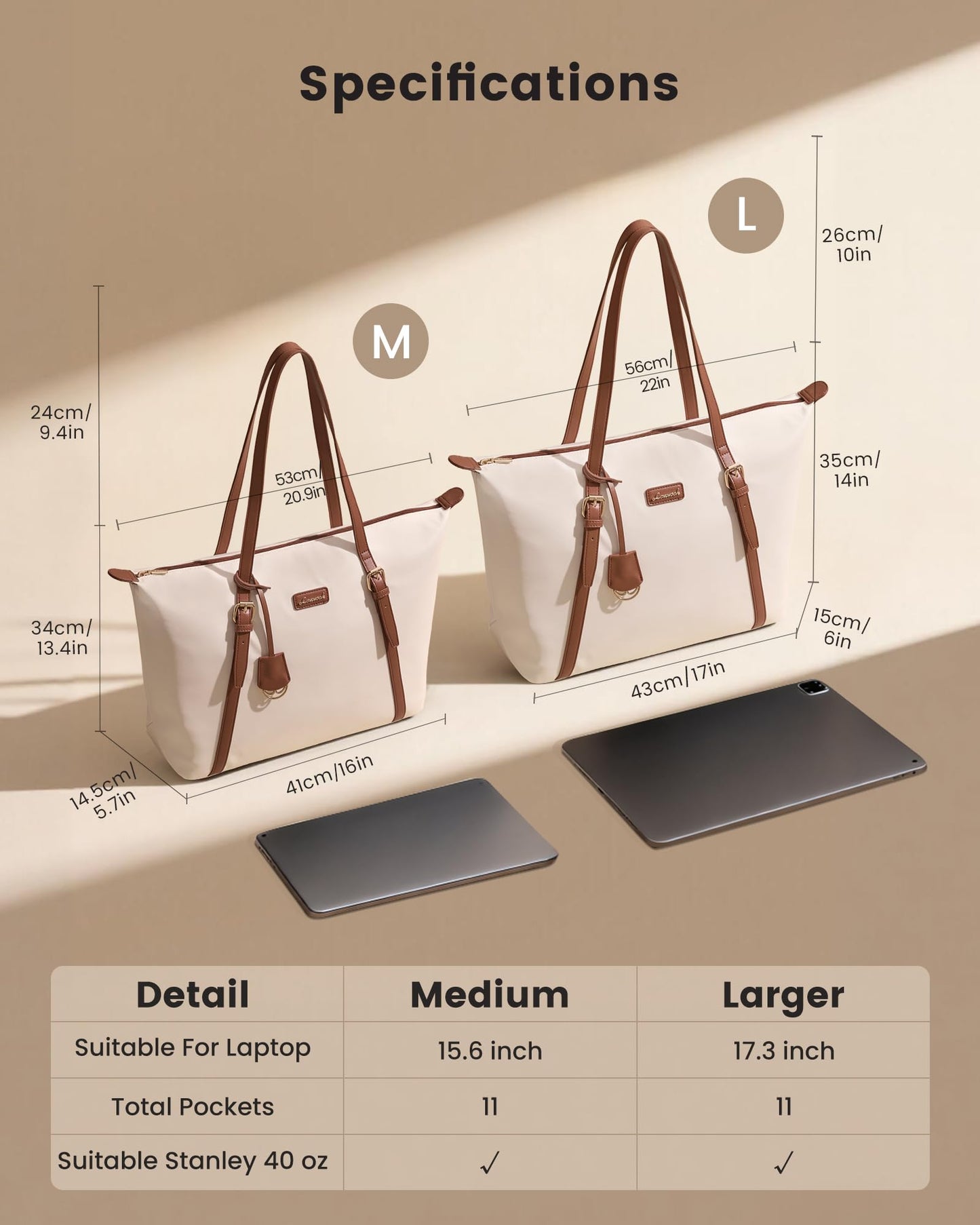 LOVEVOOK Laptop Bag for Women with Large Cup Holder, 15.6 Inch Cute Nylon Work Travel Tote Bags, Waterproof Computer Bag Shoulder Purse, Beige