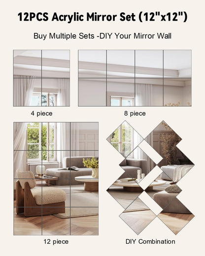 Home Gym Mirrors 12 Inch x 12Pcs Full Length Mirror Tiles Acrylic Unbreakable Wall Mounted Mirror Frameless Full Length for Home Gym, Bedroom, Door