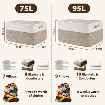 Optish 75L Large Blanket Basket, Woven Storage Baskets with Reinforced Handles, Rope Laundry Basket for Living Room, Bedroom, Nursery, Toys, Clothes,Pillows, 22” x 17” x 11.5”, White & Brown