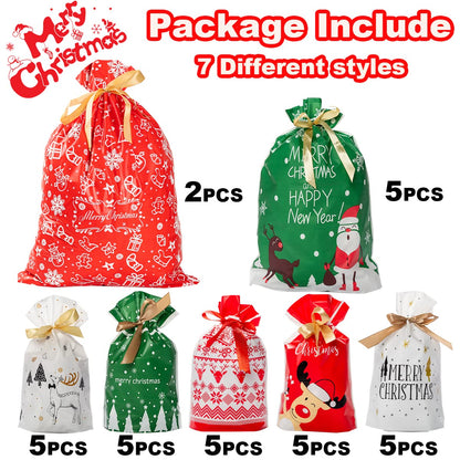 Happy Storm Christmas Drawstring Gift Bags 30PCS Assorted Styles Christmas Drawstring Wrapping Goody Sweet Treat Candy Bags for Xmas Birthday Party Supplies Favors