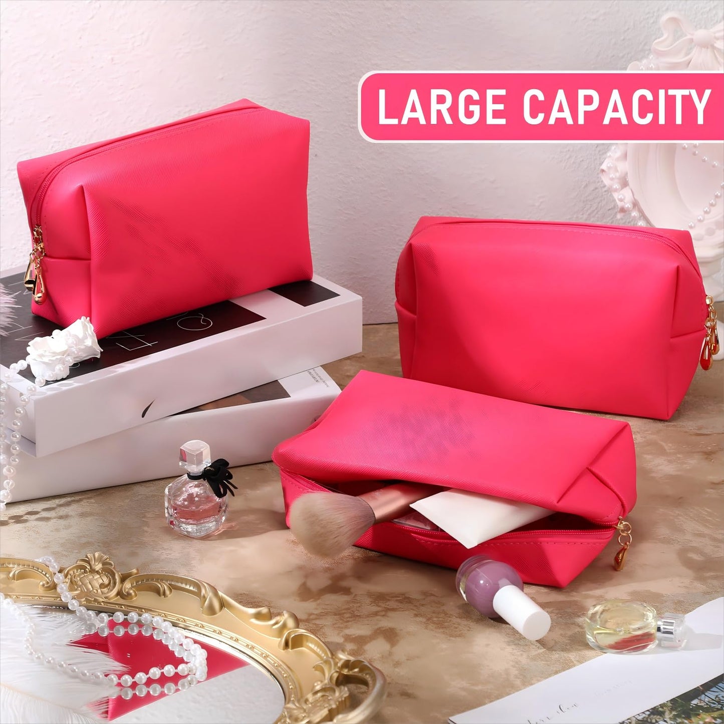 Gerrii 6 Pcs Preppy Patch Makeup Bag PU Leather Cosmetic Pouch Waterproof Cosmetic Pouch with Zipper Portable Travel Toiletry Organizer Bag Makeup Case Gift for Women Friends(Rose Red)