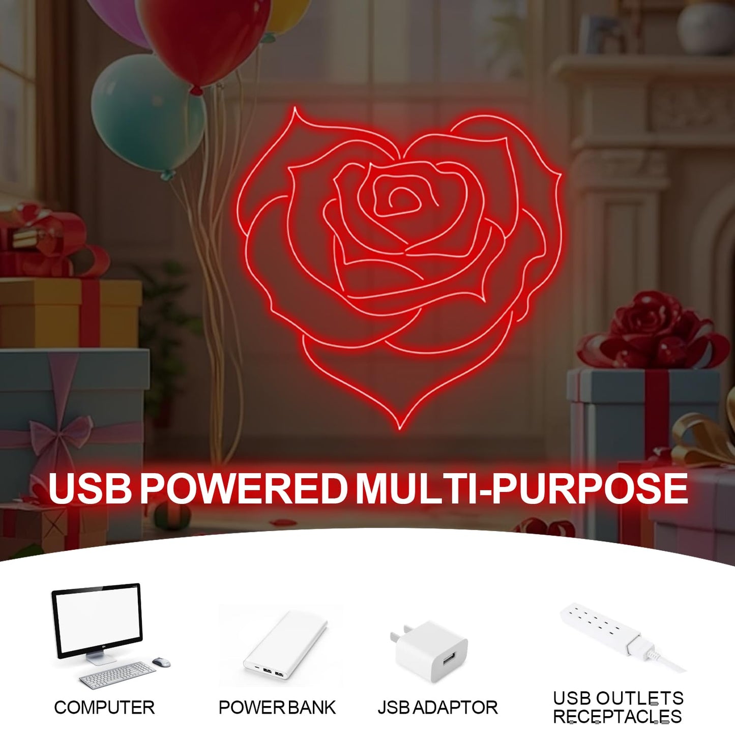 Heart Rose Neon Sign, Heart Rose Led Sign, Wedding Wall Decor, Valentine'S Day Decorations Gifts for Lover,Bedroom Bar Living Room Party, Wedding Anniversaries Party, Marriage Proposal