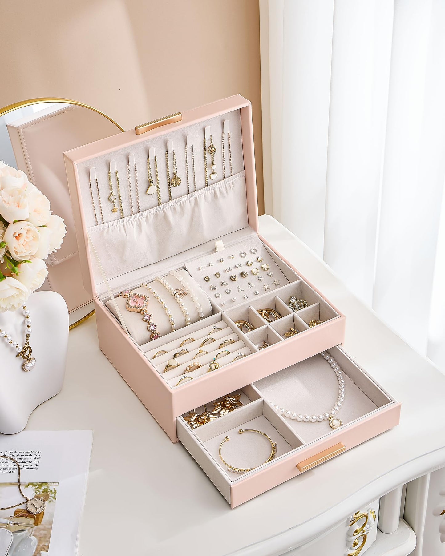Lolalet 2-Layer Jewelry Box Organizer for Women Girls, Jewelry Storage Case Holder with Drawers for Necklaces Ring Earrings Bracelet Watch, Gifts Choice for Mom Mother’s Day -Pink