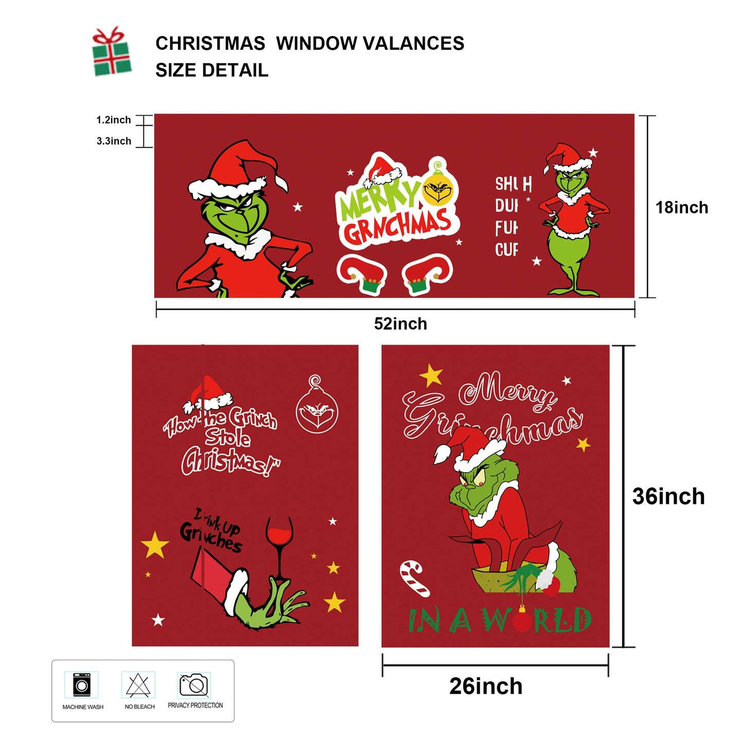 Cuteiush Christmas Kitchen Curtain Valances Winter Holiday Festive Small Window Decoration, Red and Green Farmhouse Xmas Design, 52x18inchx1, 26x36inchx2, 3 Panel, Rod Pocket