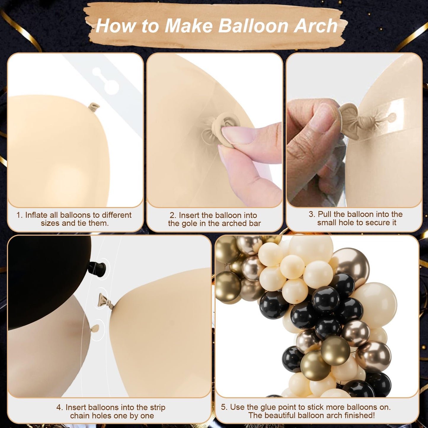 Black and Gold Balloon Arch Garland Kit, Graduation Balloons Black White Sand Beige Cream Champagne Gold Metallic Balloons for Congrats Grad Bridal Baby Shower Anniversary Wedding Birthday Party Decor