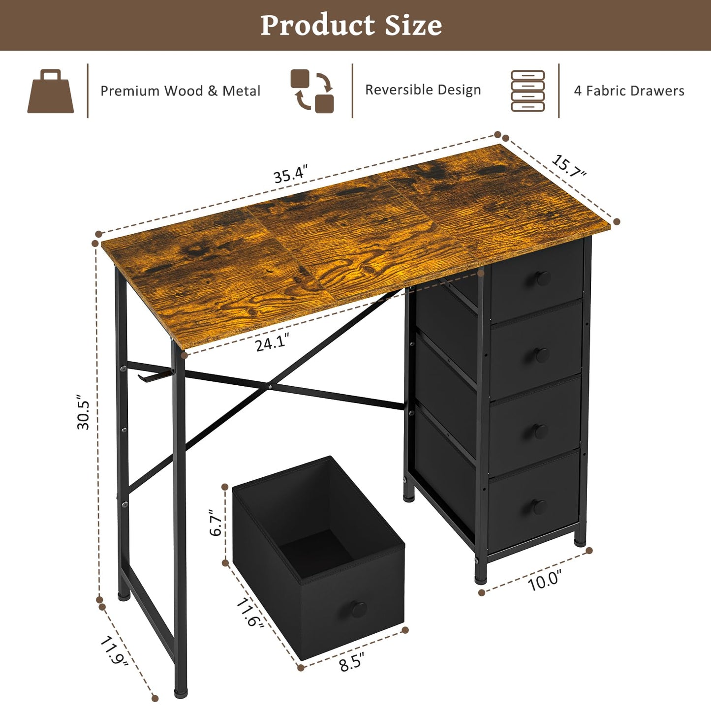 Small Computer Desk with 4 Fabric Drawers, 36 Inch Reversible Writing Desk for Home Office Bedroom, Modern Simple Kids Student Study Desk with Storage, Compact Desk for Small Spaces, Rustic Brown
