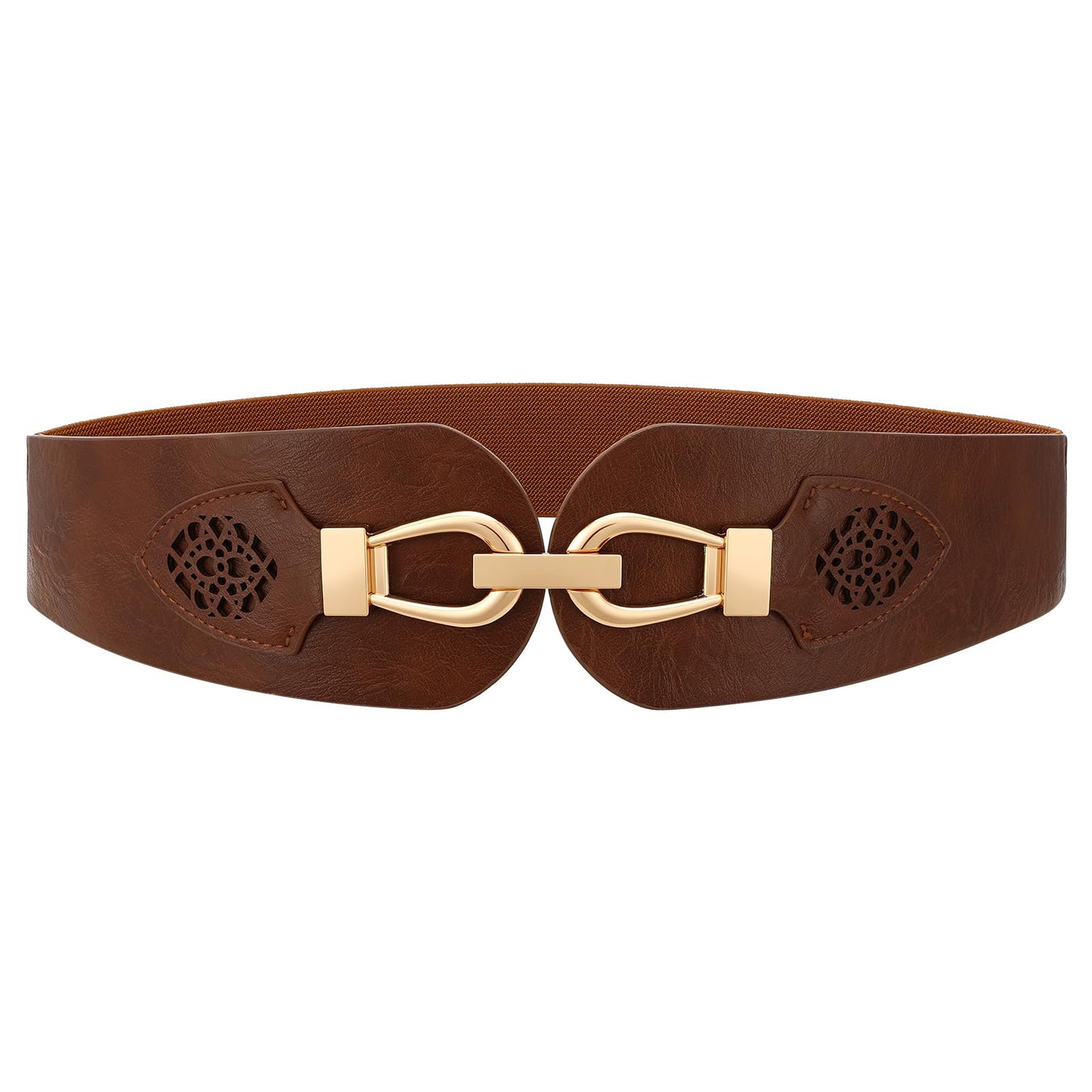 Womens Western Wide Waist Belt for Dress Vintage Stretchy Elastic Belt with Chunky Gold Buckle (Deep Brown)