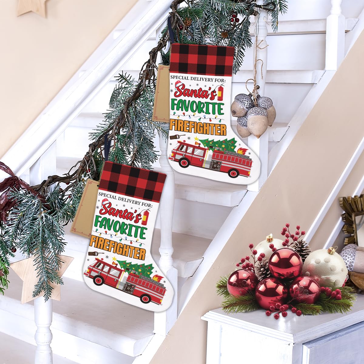 Firefighter Christmas Stocking Christmas Tree Decoration - Special Delivery for Santa's Favorite Firefighter Gifts Xmas Stocking Hanging for Fireplace Wall Stairs Holiday Xmas Decor 18x12 Inch