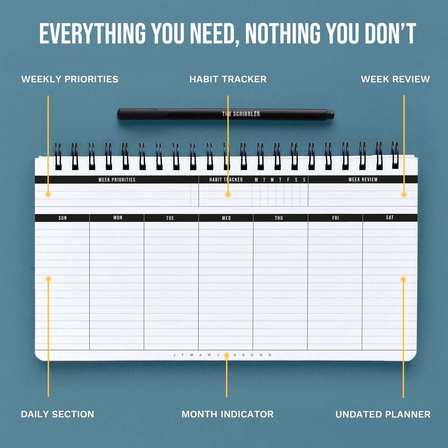 Weekly Planner 2026 (Undated) | Daily Weekly Monthly Planner PRODUCTIVE WEEKS + Pen | Habit Tracker Organizers office, academic | Week at a glance planners for men and women | 1 Full Year | V1