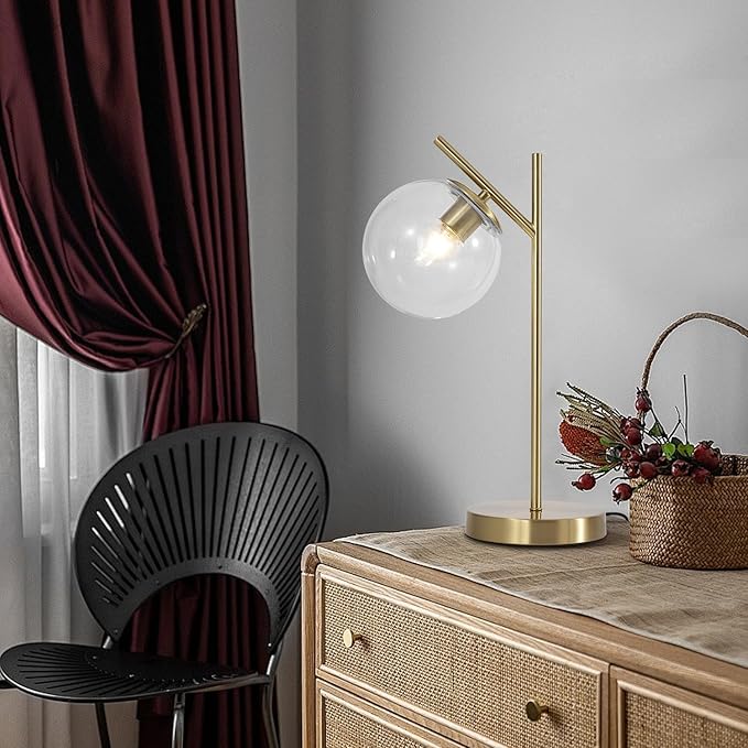 Mid Century Modern Table Lamp, Contemporary Metal Brass Bedside Lamps with Clear Glass lampshade, Gold Globe Nightstand Lamp for Bedroom Living Room Study Room