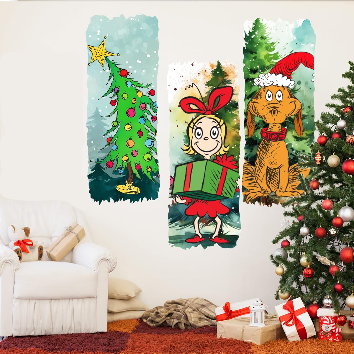 28.3×46.5 Inch Christmas Wall Sticker Decorations Green Wall Clings Removable Seasonal Glass Stickers for Window Refrigerator Wall Door