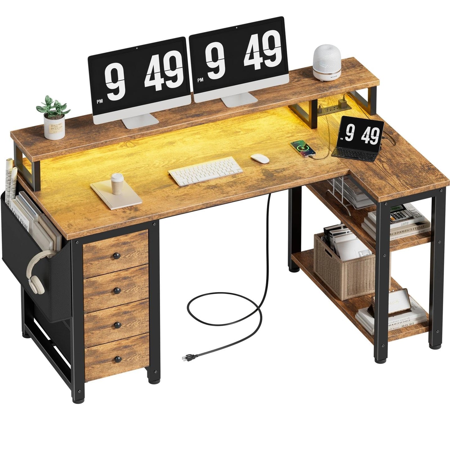 Lufeiya L Shaped Gaming Desk with Led Lights and Power Outlets, 47 Inch Corner Home Office Desk with Monitor Stand Shelves, Writing Study Computer Desks with Fabric Drawers for Bedroom, Rustic Brown