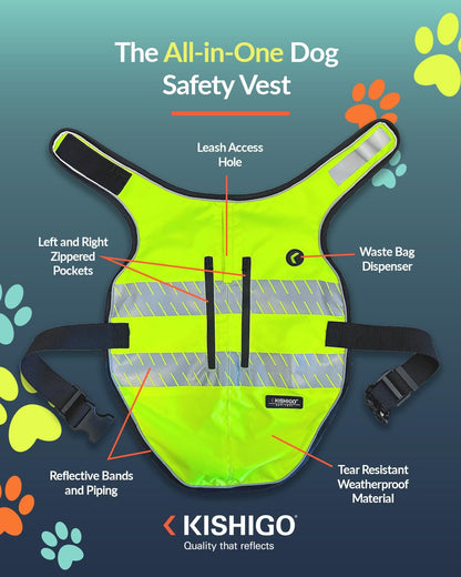 Reflective Dog Safety Vest, Harness and Collar Compatible, Waste Bag Holder, Water Resistant, Adjustable Neck and Chest, Day or Night Walking, High-Visibility Protection (Lime, L)
