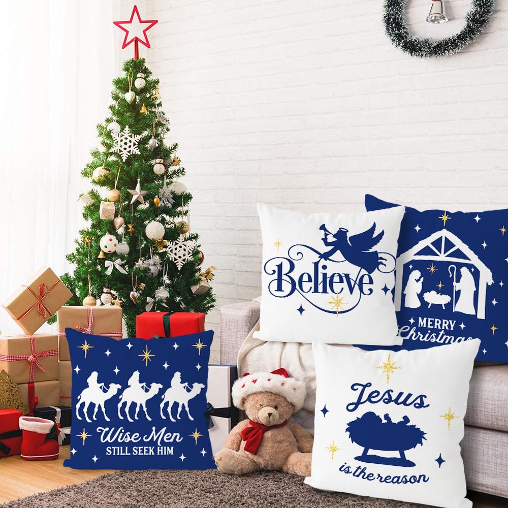 GAGEC Christmas Pillow Covers 18x18 Inch Set of 4 Nativity Religious Pillow Case Blue and White Christmas Xmas Winter Home Decor Living Room House Decorative Cushion Case for Sofa Couch