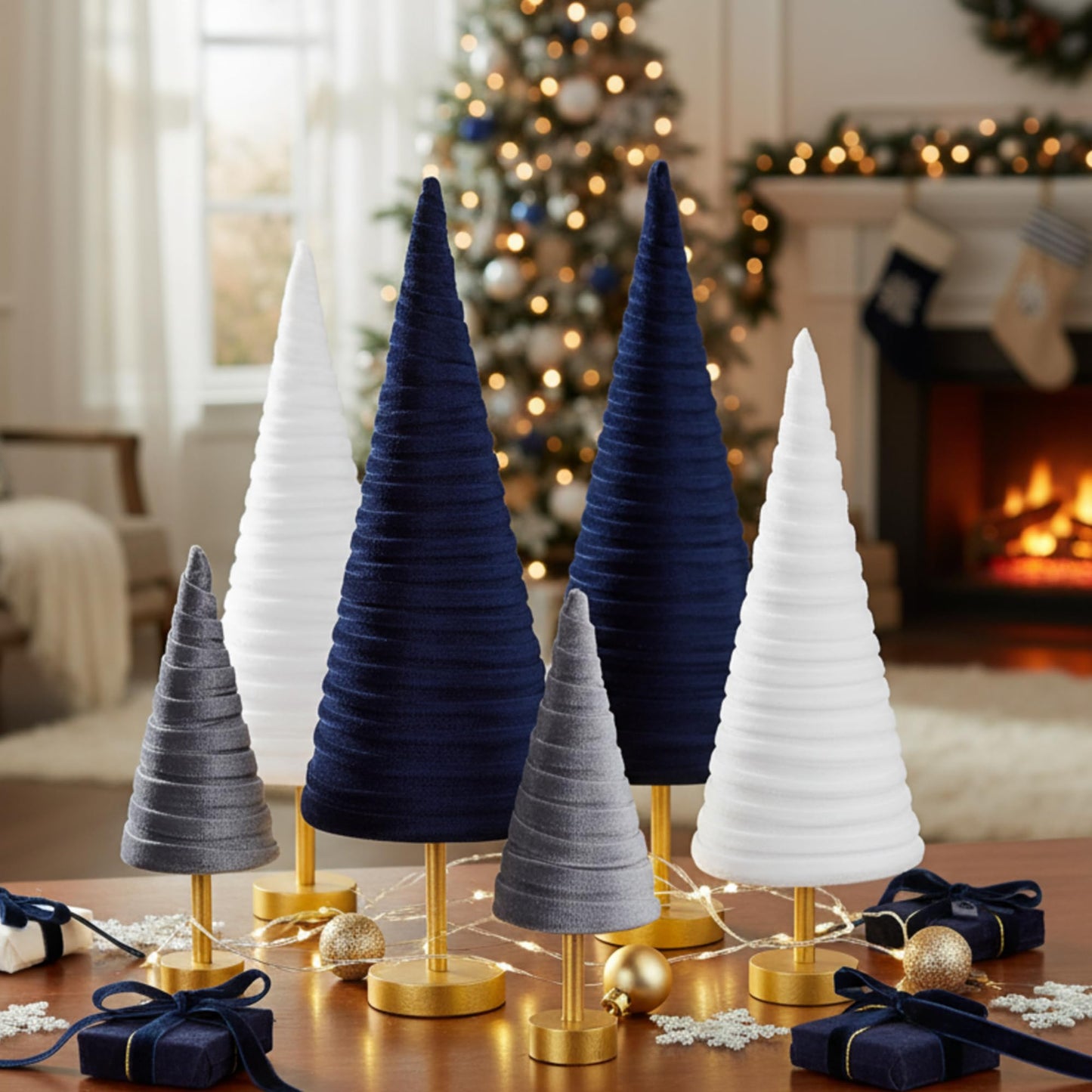 Hoolerry 6 Pcs Christmas Velvet Trees with Gold Pedestal Christmas Velvet Cones Tree Mantel Decor Modern Rustic Winter Home Minimalist for Holiday Entryway Table Wedding Centerpiece(Dusty Blue)