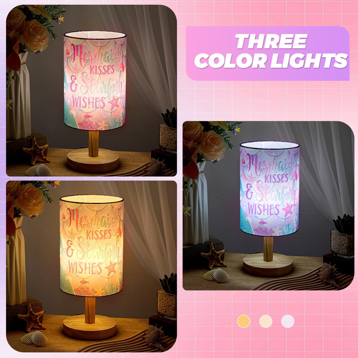 Tujoe Mermaid Lamps Summer Ocean Fabric Nightstand Table Lamp Purple Desk Lamp Bedside Gift Decor for Kids Reading Bedroom Living Room Home Christmas Gift