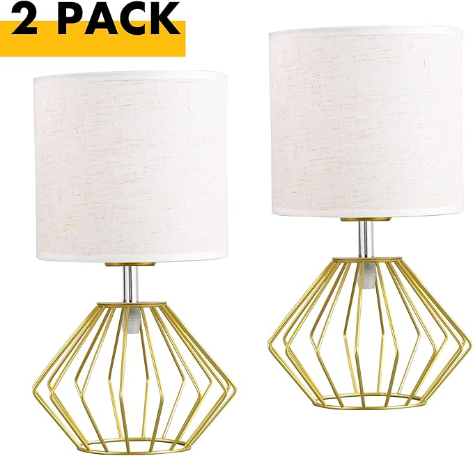 Hamilyeah Table Lamps Set of 2, Gold Bedside Lamps with On/Off Switch, Industrial Night Stand Lamps with Linen Beige Fabric Shade, Simple Modern Lamp for Bedroom, Living Room