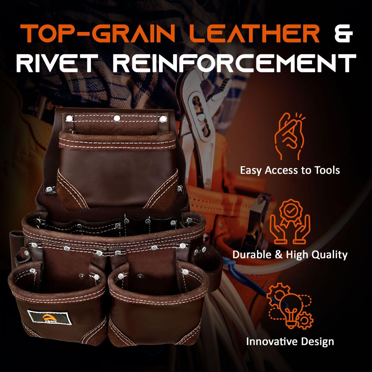 ABRIX Heavy Duty Tool Belt for Men – 4MM Thick Genuine Leather, Brass Buckle & Rivets | Foam Padded Comfort | 28-Pocket Carpenter & Framing Rig | Fits Waist 32 to 52 Inches | Professional Work Belt