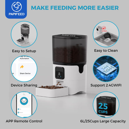 PAPIFEED Smart Automatic Cat Feeders: WiFi Pet Feeder with APP Control for Remote Feeding, Detachable for Easy Clean, Automatic Cat Food Dispenser with Alexa,1-30 Meals Per Day for Dog (6L/25Cup)