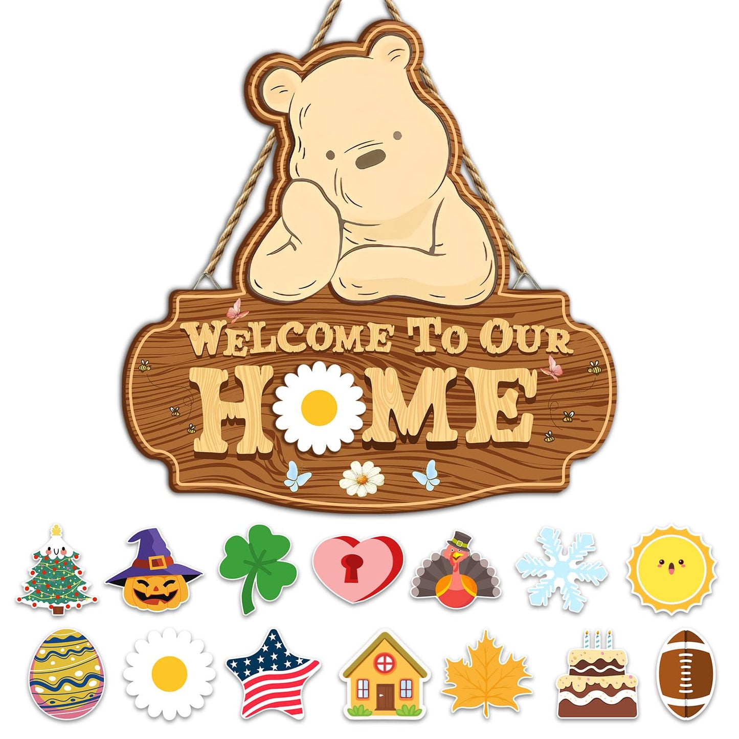 Winnie Welcome Sign for Door Decor, the Pooh Welcome to Our Home Sign with Interchangeable Holiday Sign, Christmas Party Decor Supplies, Perfect for Housewarming Gift, Christmas Thanksgiving Gifts
