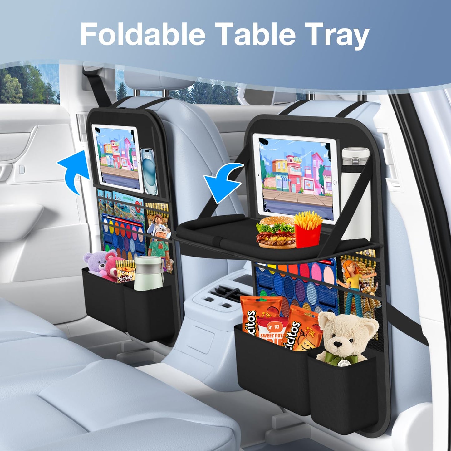 Oneyus Car Backseat Organizer with Table Tray(2-Pack) 9 Storage Pockets Backseat Car Organizer and storage with Tablet Holder, Kick Mats Back Seat Cover for Kids family Road Trip Essentials Travel