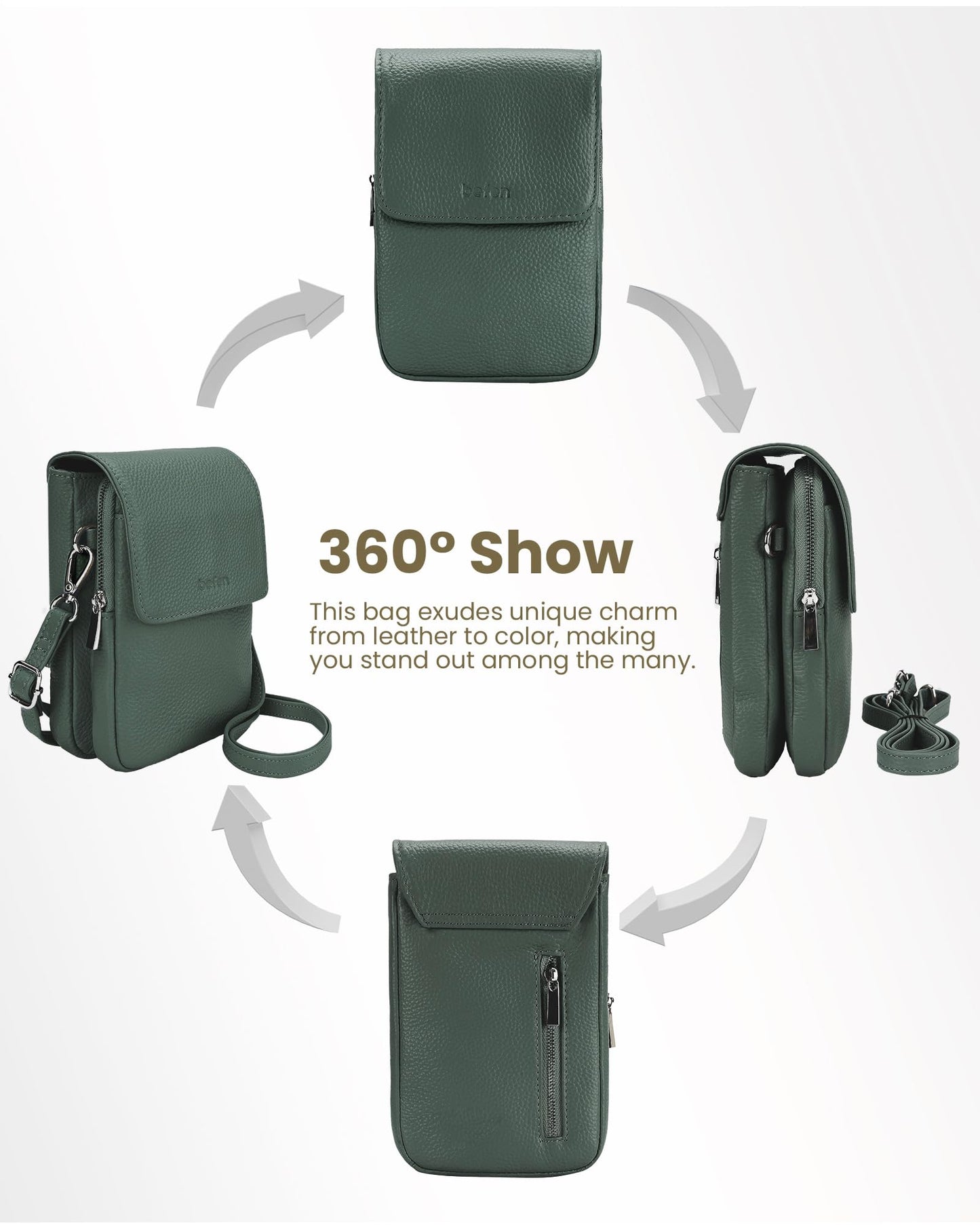 befen Soft Real Leather Small Crossbody Bags for Women, Woman Cell Phone Leather Purses Bag with RFID Blocking Card Slots Green