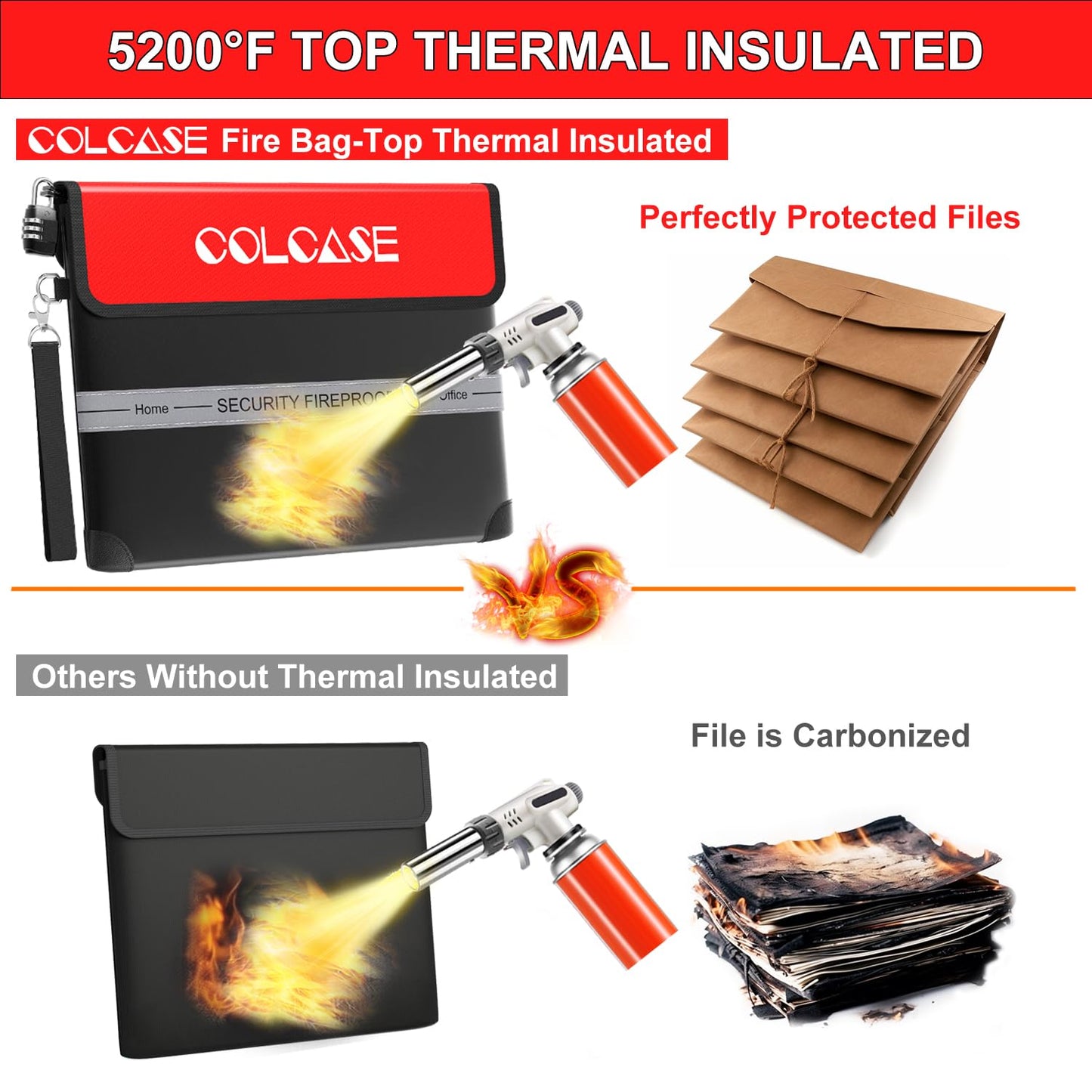 COLCASE Fireproof Document Bag with Lock 5200℉ Heat Insulated Waterproof and Fireproof Bag with Zipper Storage for Money, Documents,Passport and Valuables 15 x 11 inches