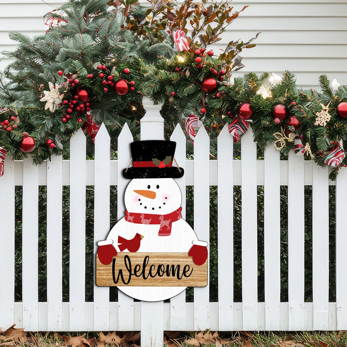 Snowman Merry Christmas Welcome Sign - Snowman Christmas Door Hanger - Hello Winter Snowflake Round Wooden Decor for Tree, Front Door, Porch, Wall, Party Hanging Decorations, 10X10 Inches -B09