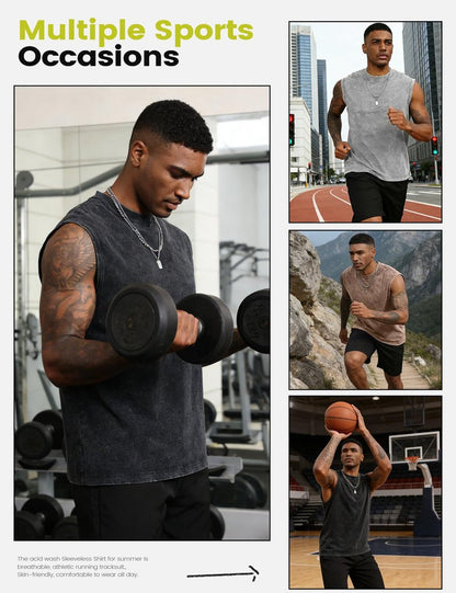 Yimoon Mens Tank Tops Workout Sleeveless Shirts Cotton Acid Wash Tees Loose Gym Muscle Shirts(BlackGreyKhaki-XL)