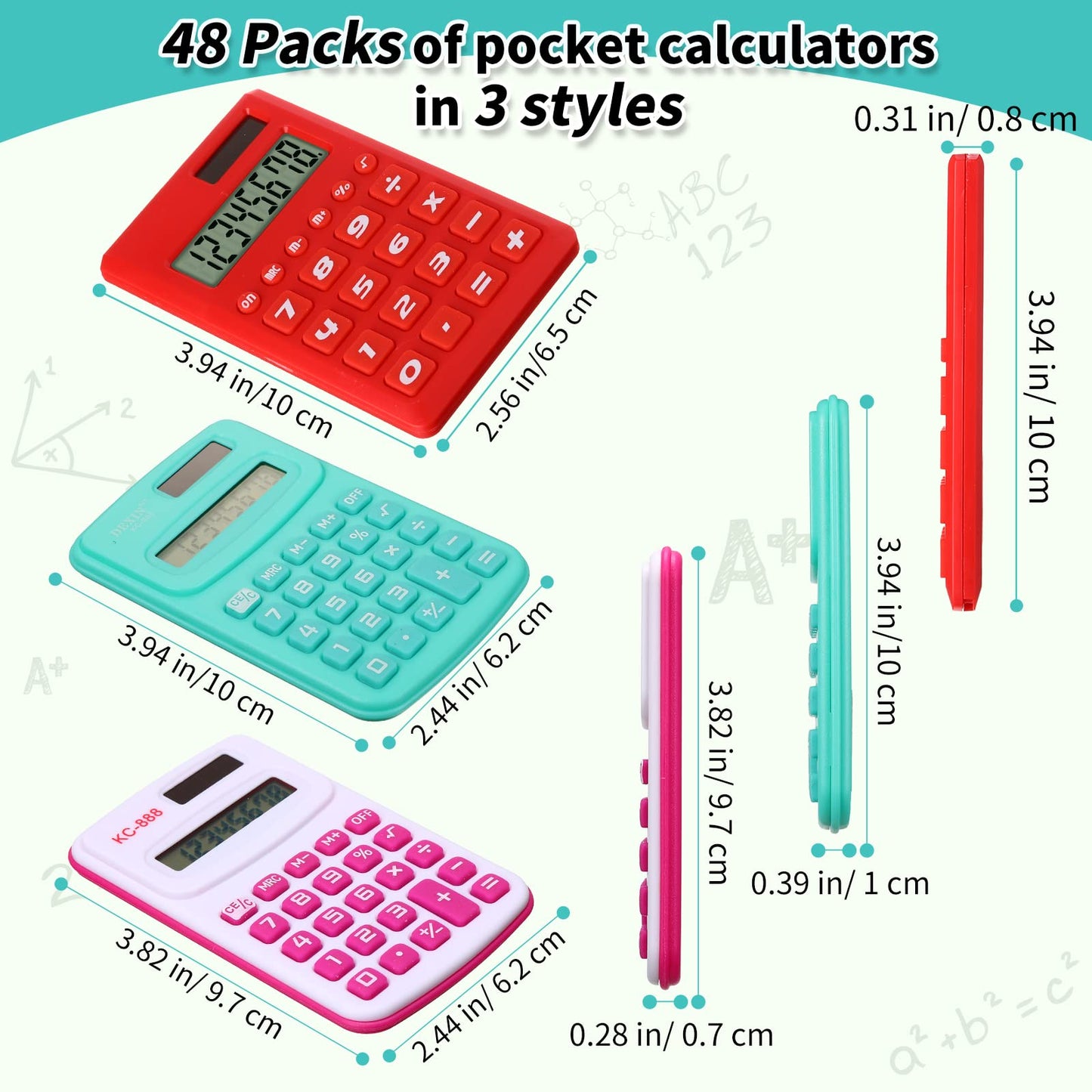 Yunsailing 48 Pcs Pocket Calculators Bulk Mini 8 Digit Handheld Calculator Small Basic Standard Calculator for Students Kids Teachers School Desktop Home Office, 3 Designs (Classic)