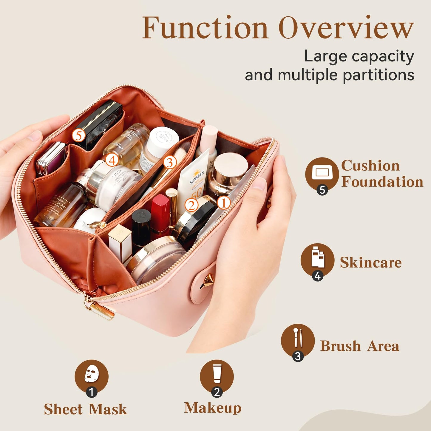 IDELCHOIS Travel Makeup Bag Large Capacity Cosmetic Bags for Women, Waterproof Toiletry Bag Open Flat Makeup Bag with Compartments and Handle, Portable Cosmetic Organizer Pouch, Pink