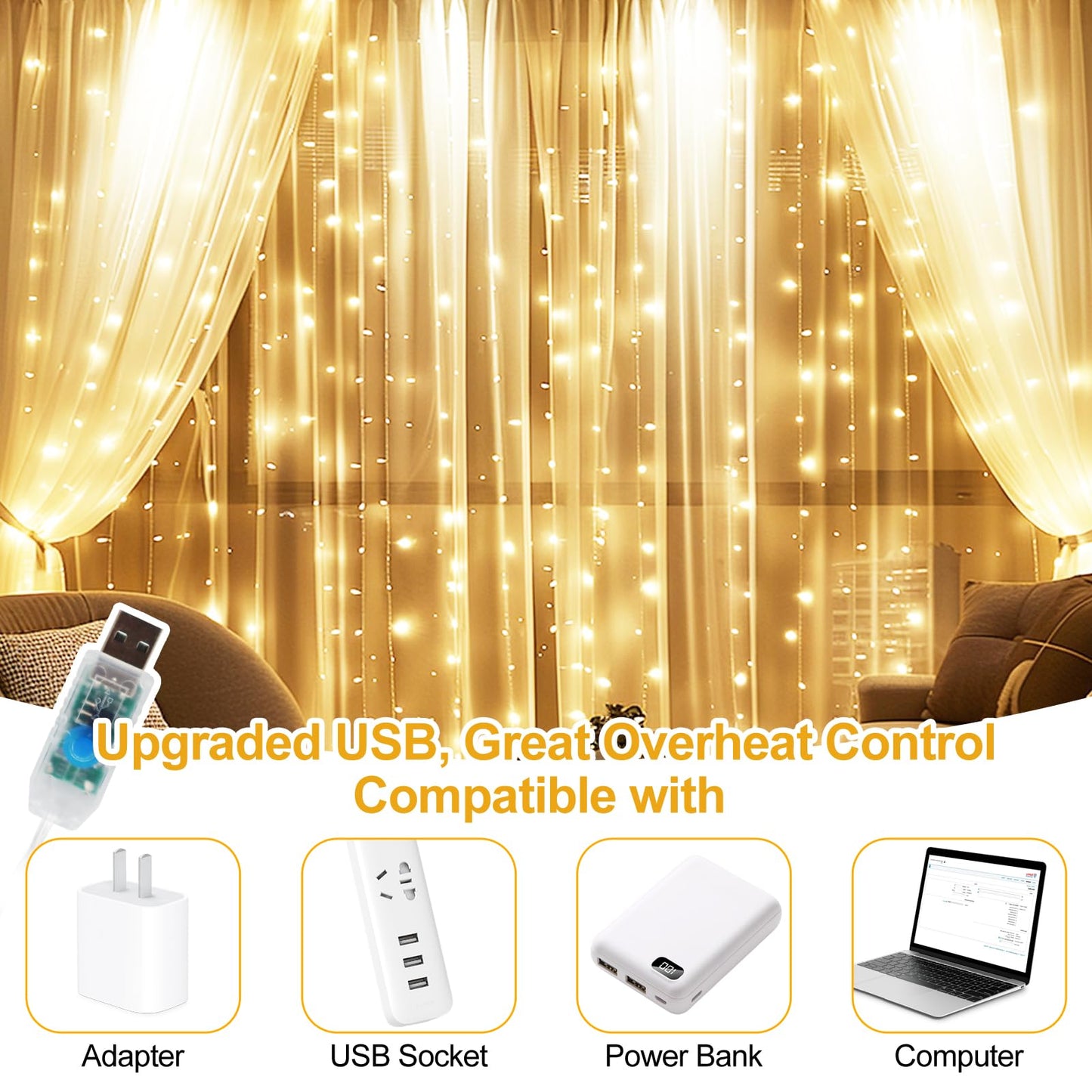 HOLITS Fairy Curtain Lights Upgraded Tangle-Free Warm White USB Plug in 8 Modes String Hanging Lights with Remote for Christmas, Bedroom, Indoor, Outdoor, Weddings, Party (6.6FTx6.6FT)
