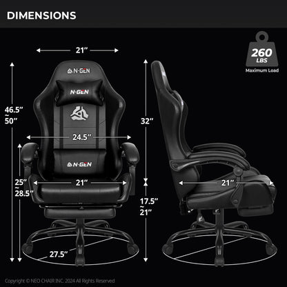 N-GEN Video Gaming Chair with Footrest High Back Ergonomic Comfortable Office Computer Desk with Lumbar Support Height Adjustable with PU Leather Recliner for Adults Women Men (Black)