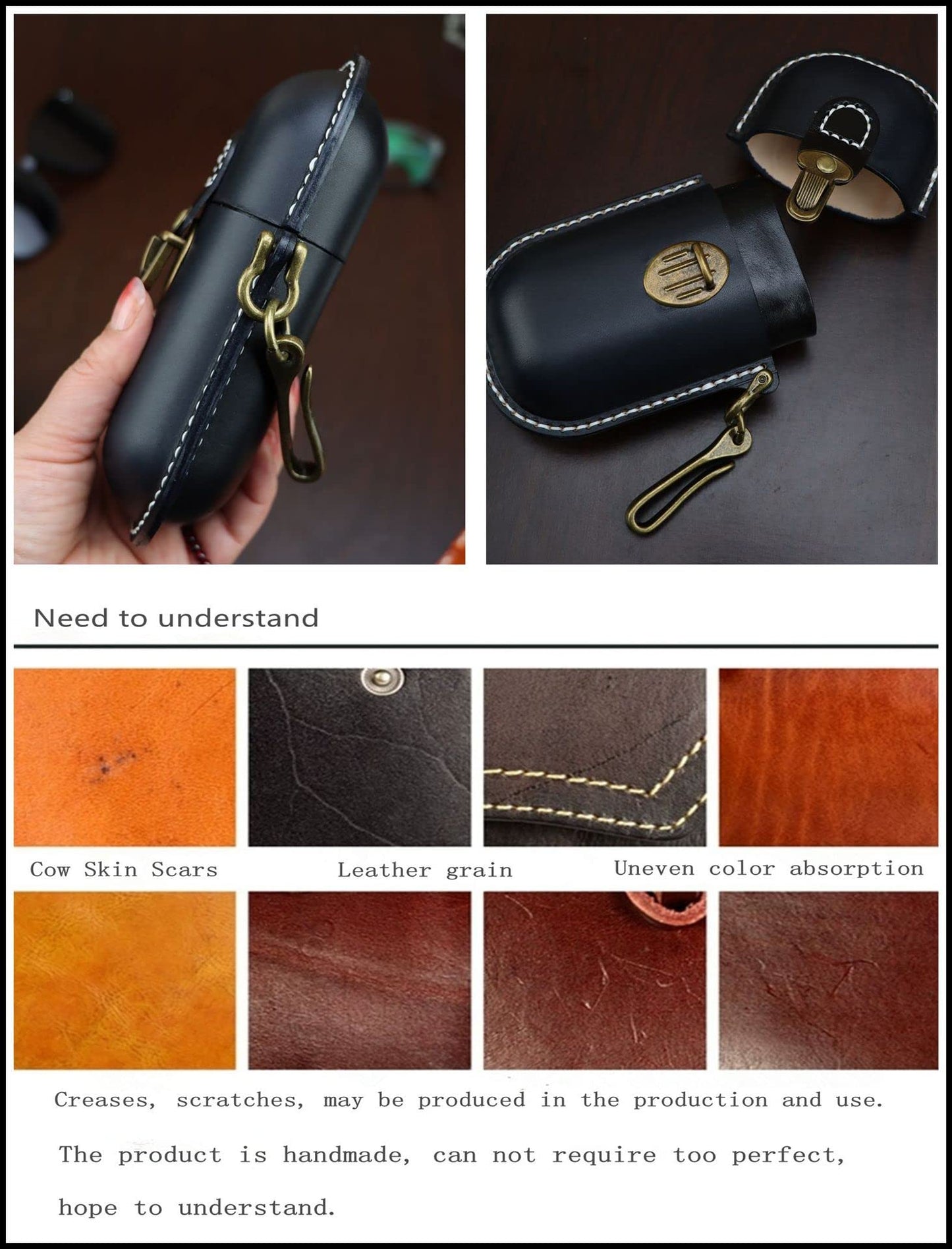 Fanyixuan Handmade Leather Eyeglass Case Hard Shell Retro Men And Women Sunglasses Nearsighted Glasses Hooks Protection Box (Black)