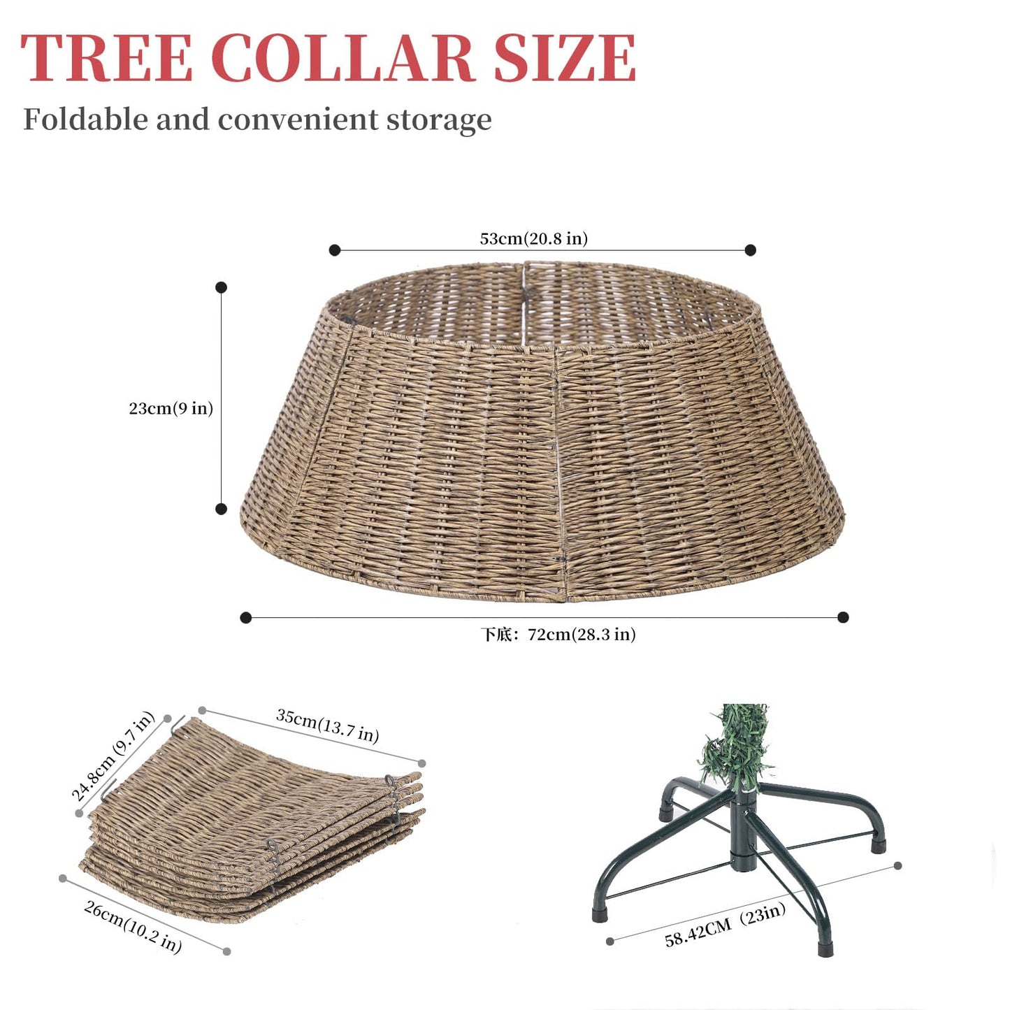 Vencer 28.3''Christmas Tree Collar,Plastic Rattan Xmas Tree Skirt,Rustic Decorations,Tree Skirt Base for Christmas Tree Decorations,Light Coffee,CTS-Y004