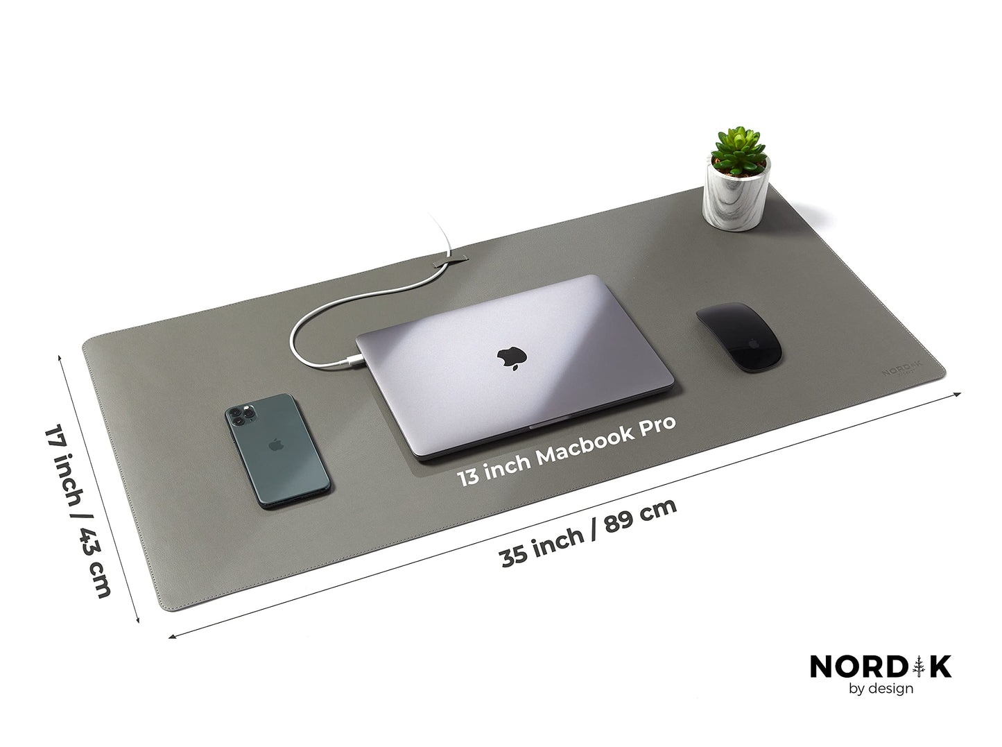 Nordik Leather Desk Mat Cable Organizer - Alaskan Gray 35 X 17 inch - Premium Extended Mouse Mat for Home Office Accessories - Non-Slip Vegan Leather Desk Pad Protector & Desk Blotter Pad
