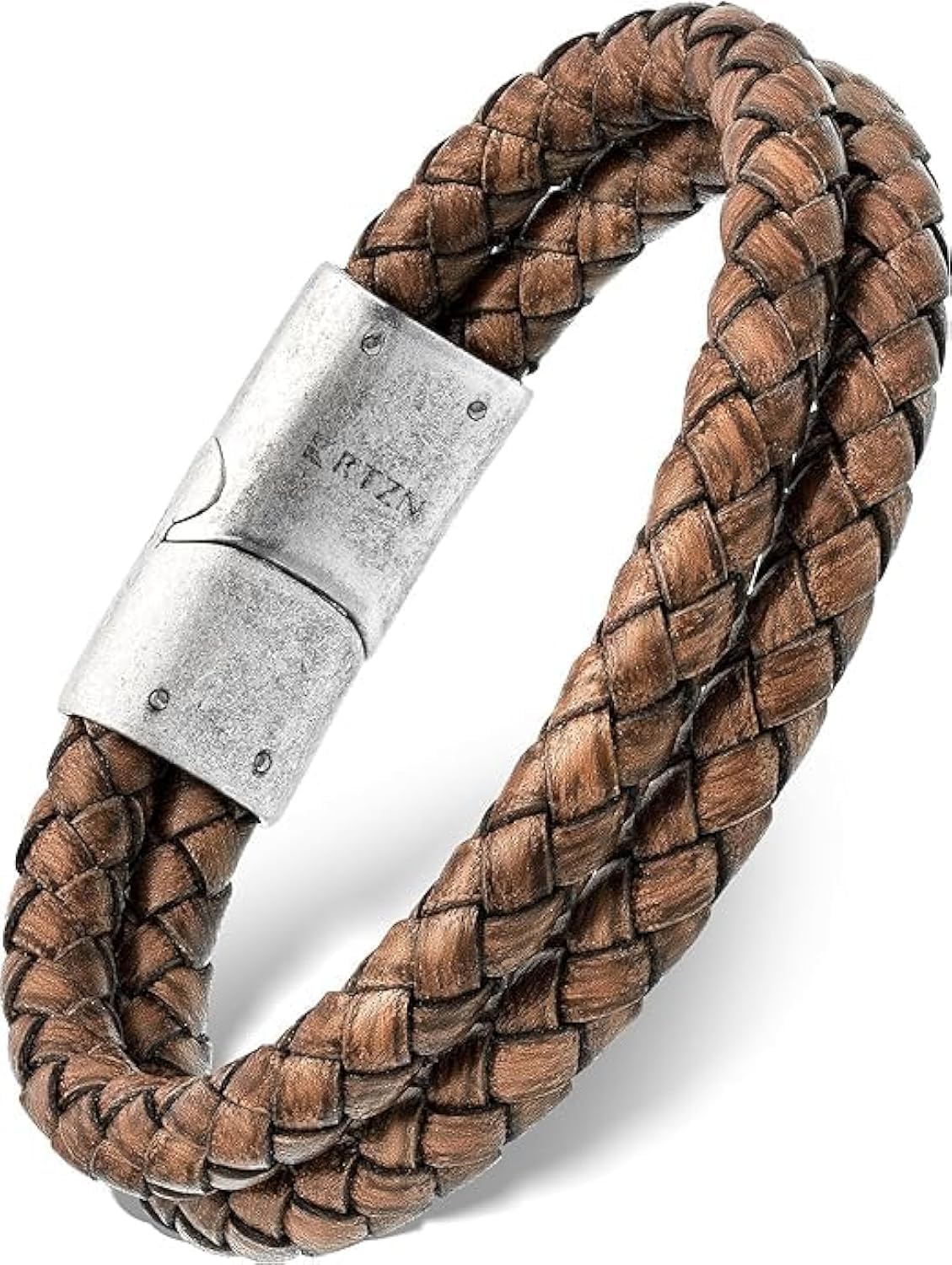 RTZN Brown Leather Bracelet for Men Premium Artisan Handcrafted Double Strand Braided Mens Bracelet (Small)