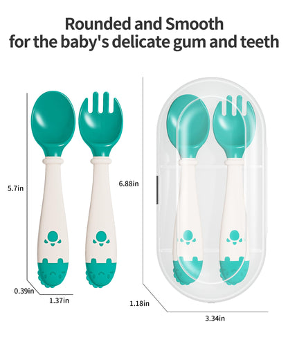 Deejoy Toddler Utensils, Self-feeding Flatware Set withTravel Case, Baby Spoons and Forks with Silicone Bendable Handle, Easy Grip Heat-Resistant, Ideal for Kids, Stage 2 (Green)