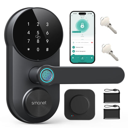 Smart WiFi Door Lock with Handle: SMONET Keyless Entry Lock with Fingerprint for Front Door Anti-peep Keypad Compatible with Alexa