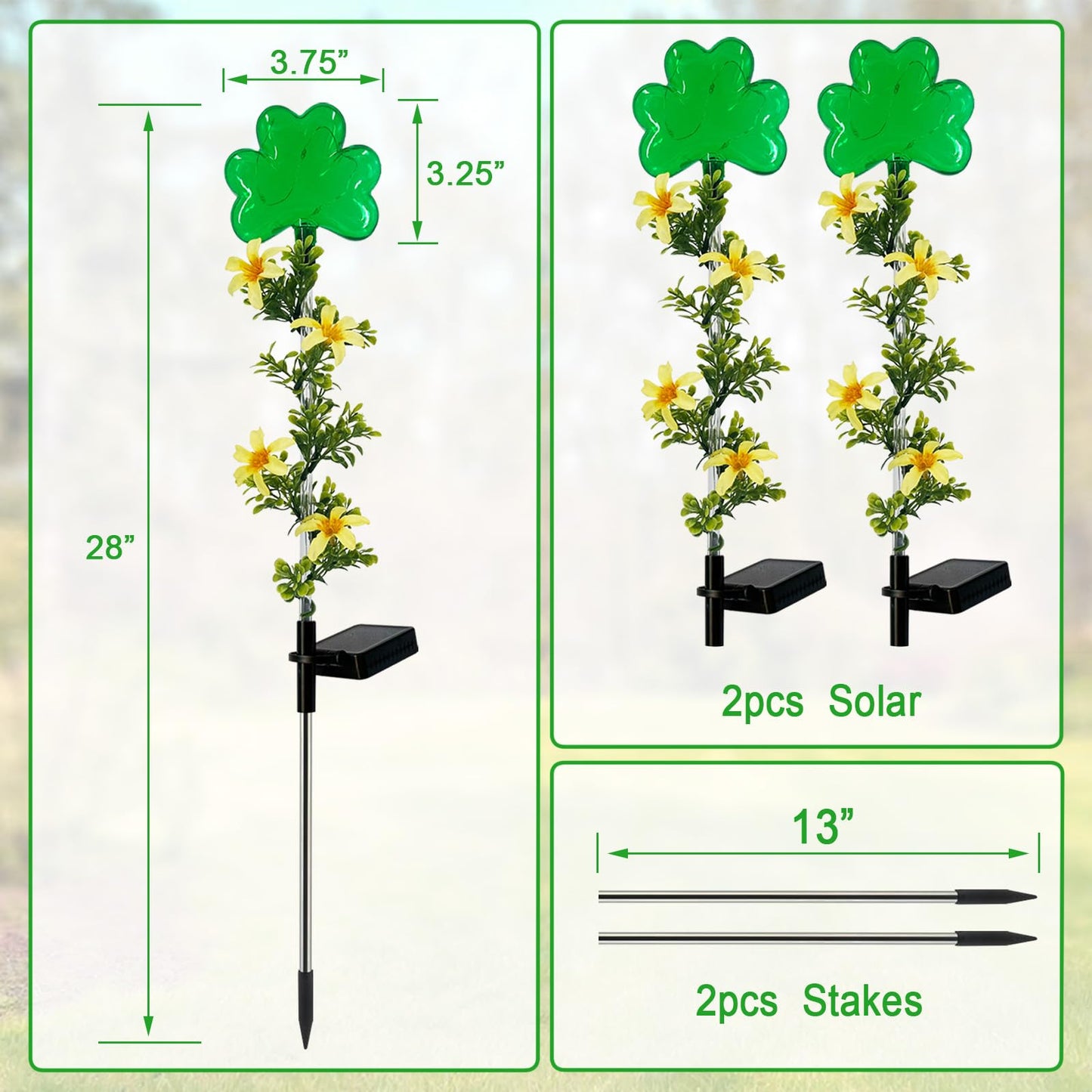 Hokfirm ST Patrick's Day Decorations Outdoor,2 Pack Shamrock Solar Lights Outdoor,Solar Powered Green Fairy Lights Holiday Decorations for Yard,Lawn,Garden Stkae