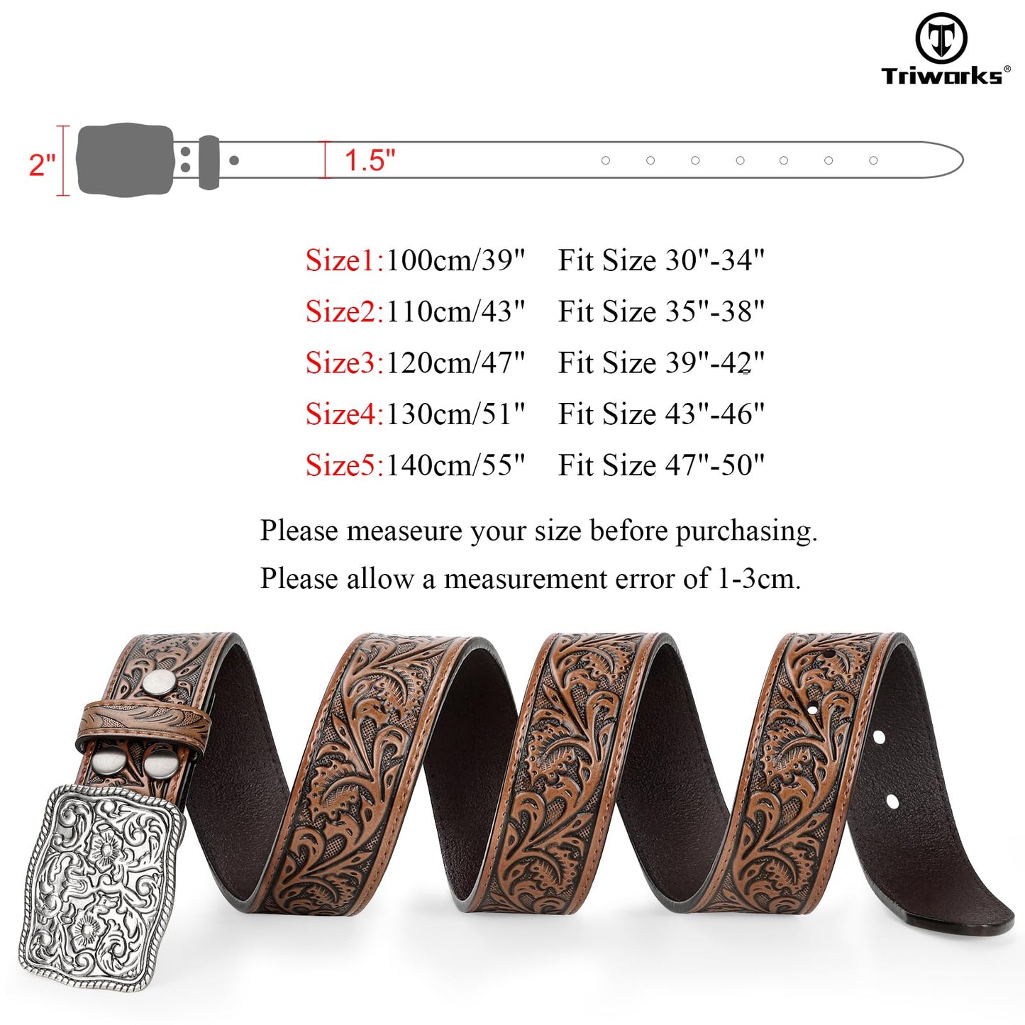 TRIWORKS Western Belts for Women Men Cowgirl Cowboy Embossed Engraved Tooled Leather Belt with Buckle for Jeans Pants Rodeo,E-Brown,Fit Waist Size 30"-34"