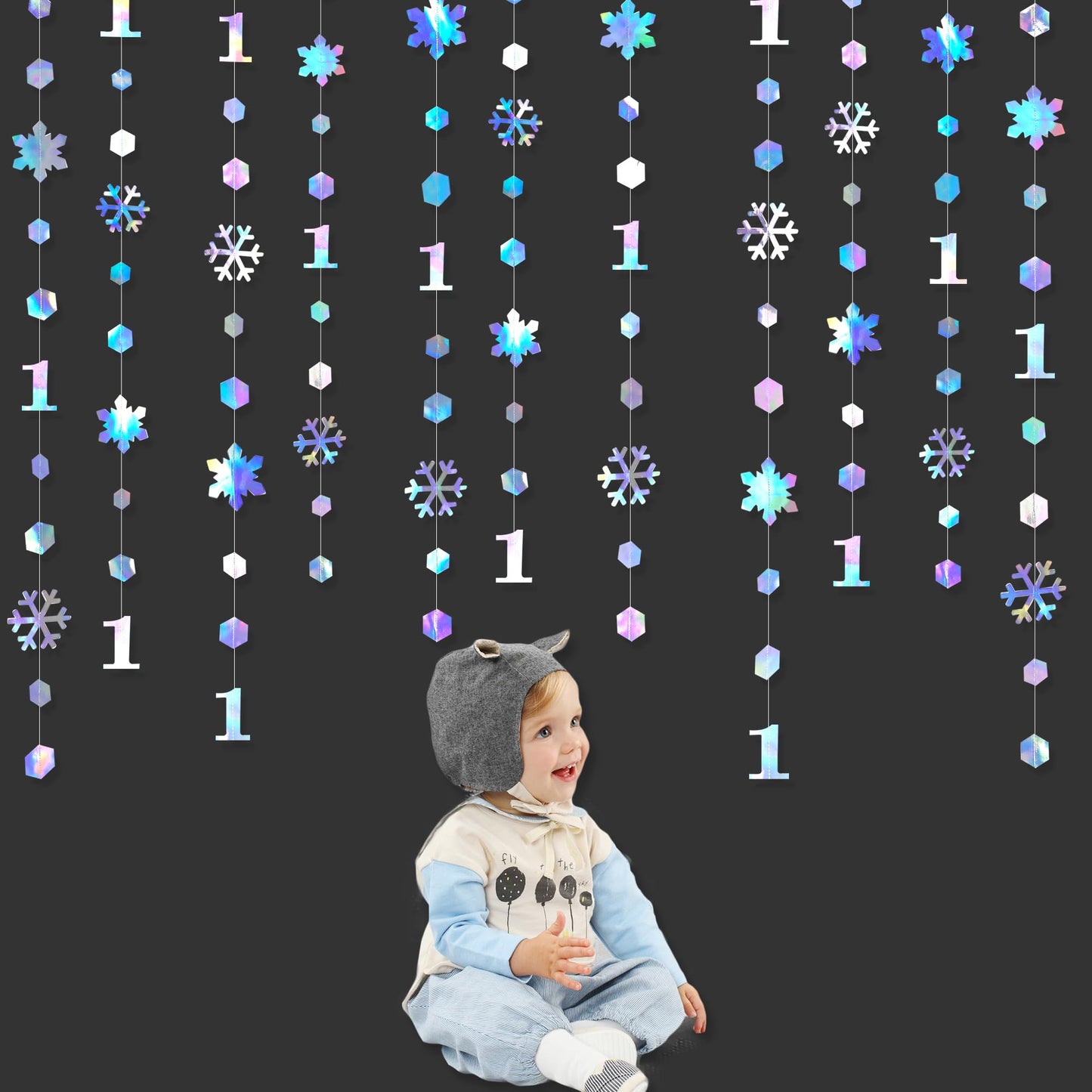 52Ft Winter Onederland Birthday Decorations Iridescent Snowflakes 1st Holographic Paper Snowflakes Garland Streamer for Winter Wonderland Christmas Frozen Snowflake First Birthday Party Supplies