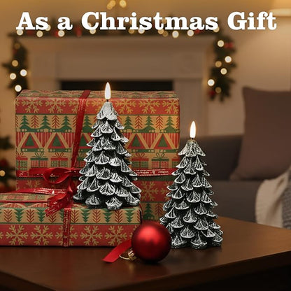 Christmas Tree Flameless Candles with 6H Timer, 2 Pcs Battery Operated LED Pillar Candle with Flickering 3D Wick, White Flocked Decoration Green Candles for Home Décor Christmas Gifts