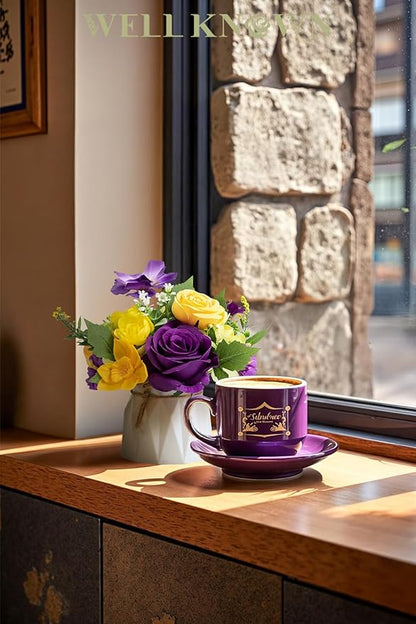 WELL KNOWN Small Fake Flowers in Plastic Vase 7" Centerpieces Coffee Table Decor, Silk Flower Arrangements for Home Decor Indoor Artificial Flower Bouquet for Dining Room Kitchen Wedding Yellow Purple
