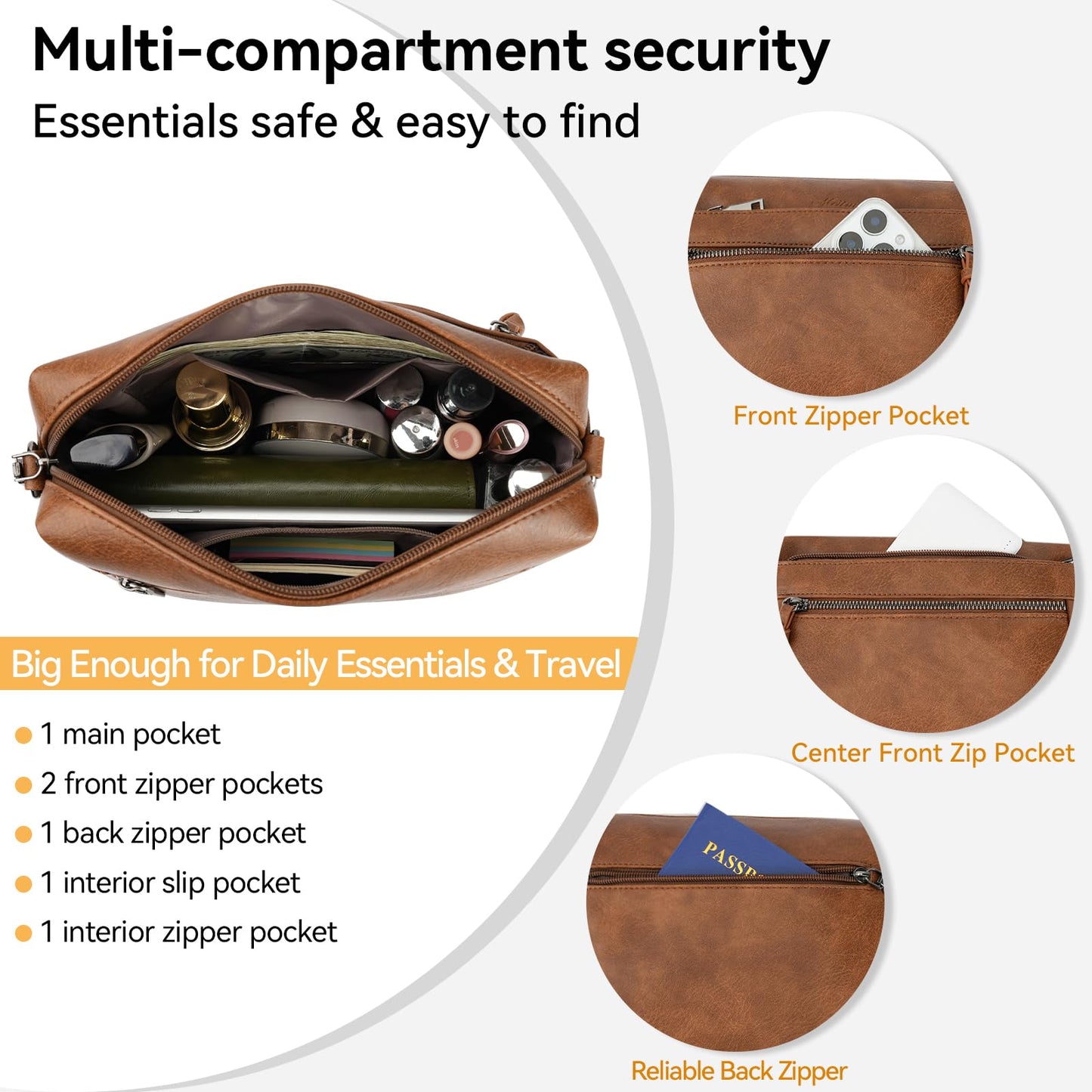 MEITRUE Crossbody Bags for Women, Vegan Leather Crossbody Cell Phone Purse Trendy Multi Pockets Shoulder Handbags with Tassel and Adjustable Strap Brown