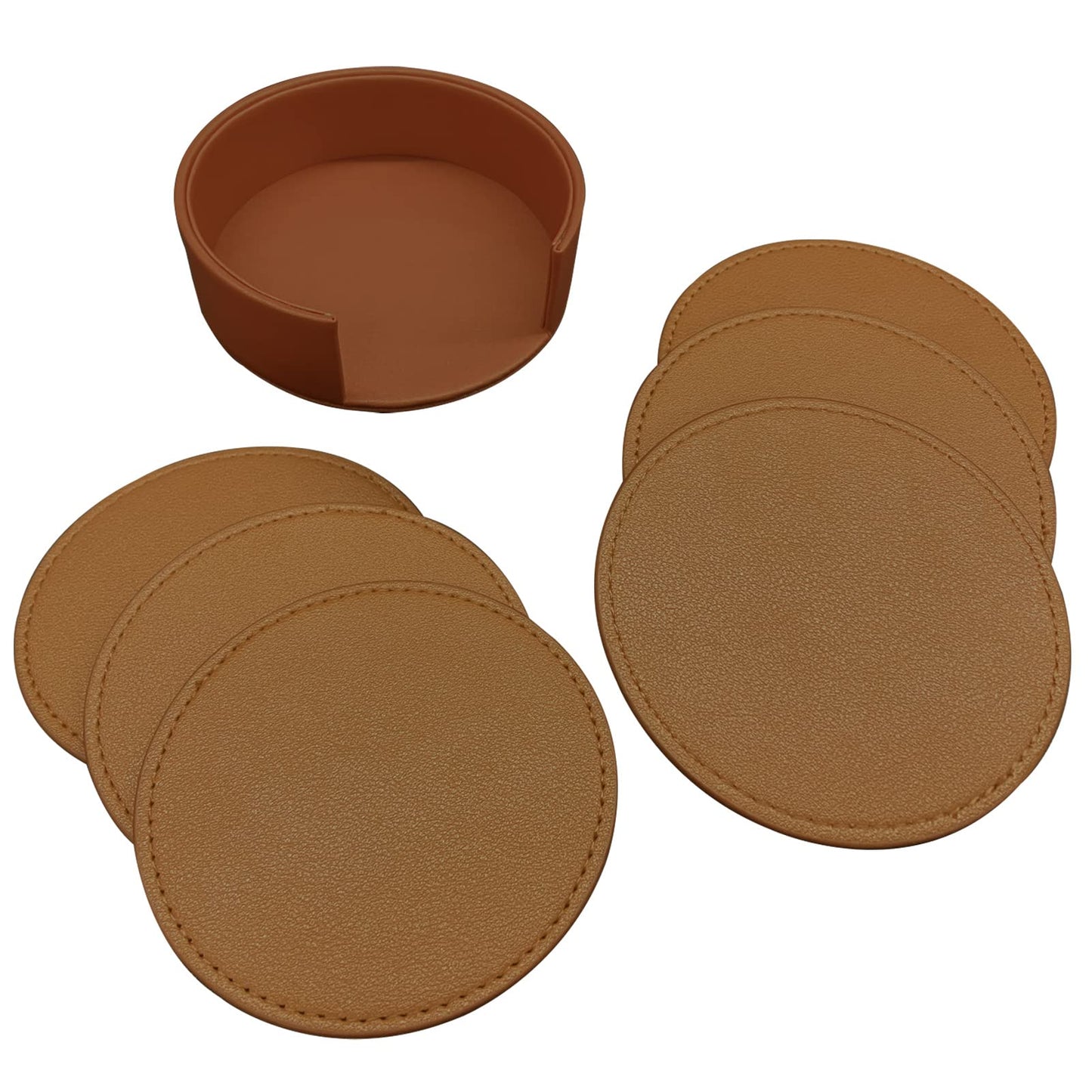 KEMMPER Coasters Set of 6 Soft Leather Drink Coaster Round Coaster with Sewing Around, Suitable for Various Cups, Wooden Tables,Home Decoration,4 Inches(Brown)