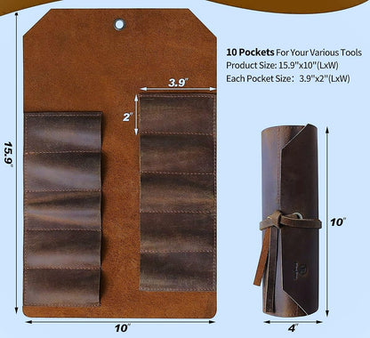 Leather Tool Roll Up Pouch (10 Slots) - Leather Tool Wrench Roll/Chisel Bag Portable Carry-On Pouch, Workshop Storage, Woodworking Tools Organizer (Mustard Brown)