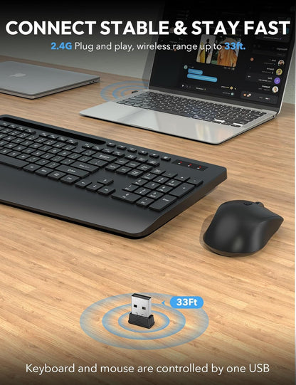 Wireless Keyboard and Mouse Combo, 2.4G Lag-Free Keyboard Set with Ergonomic Wrist Rest, Phone Holder, Silent Keyboard Cordless Set for Computer, Batteries Included, Laptop, PC, Mac, Windows -SABLUTE