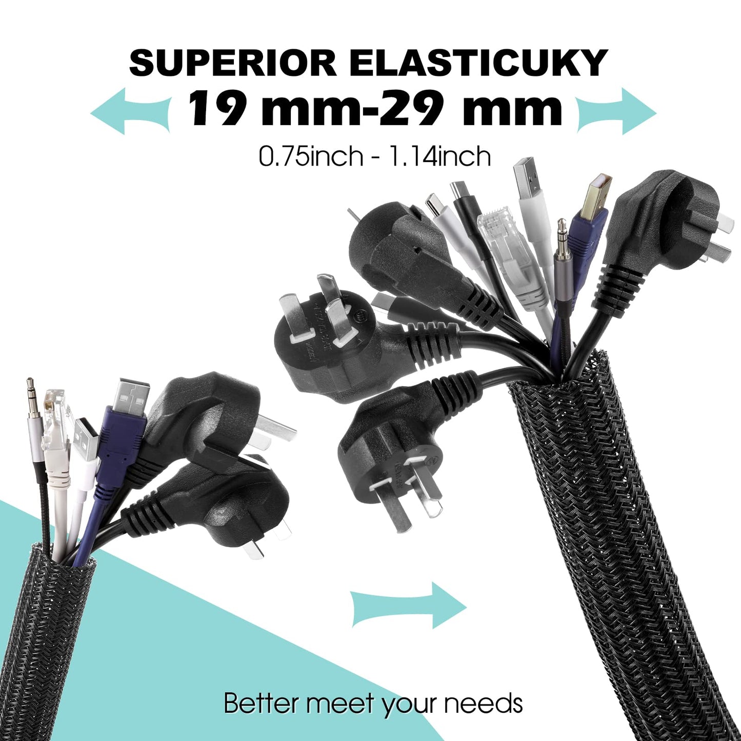 AGPTEK Cable Sleeve, 2 Pack 5ft - 1.2 Inch Cable Management, Desk Cord Cover Organizer Wire Hider for Home Office Computer TV Wire Loom Tubing, Pet Proof Cord Protector from Cat Dog Chewing, Black