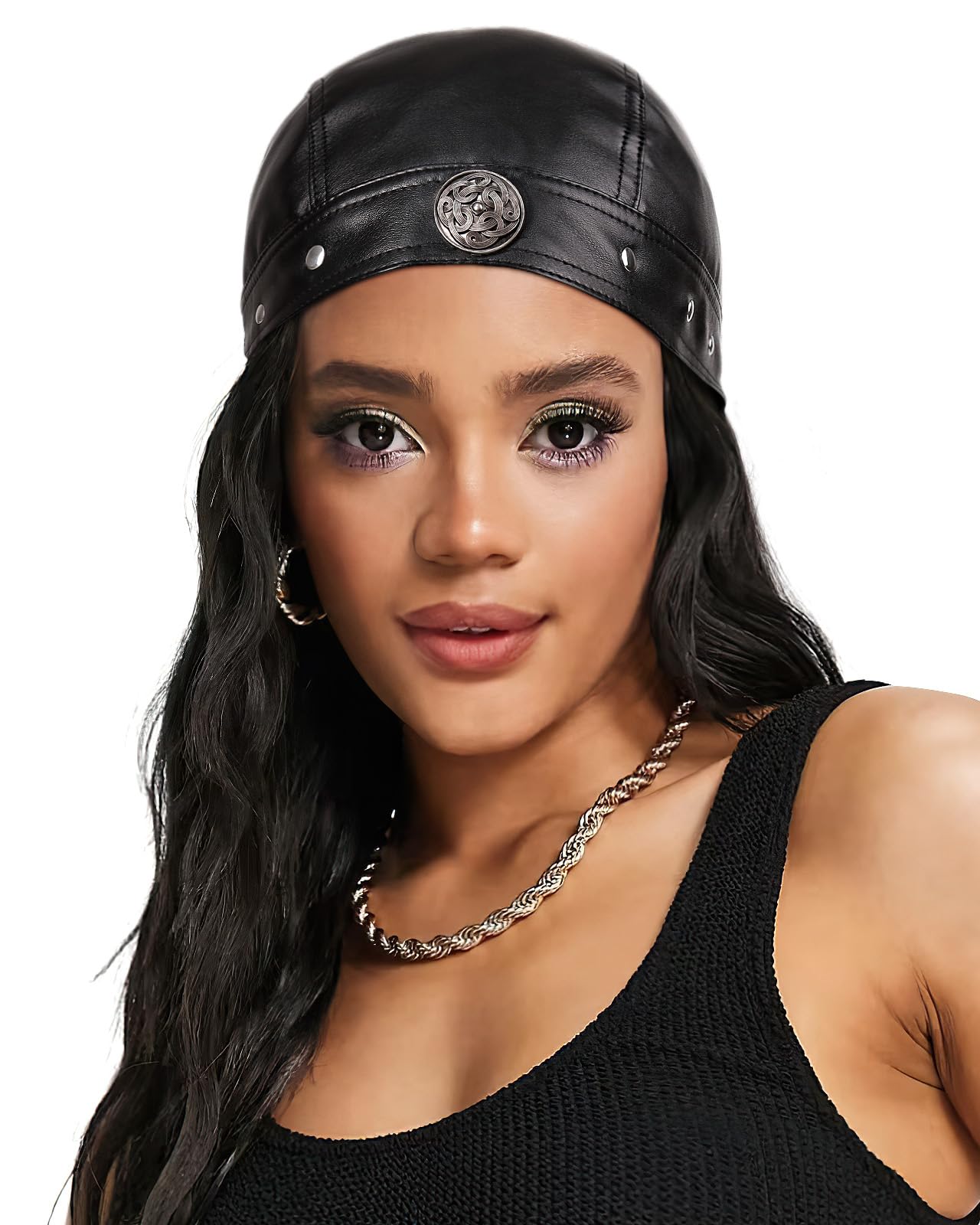 Hachapy Biker Cap for Women Leather, Adjustable Motorcycle Hat with Skull Fit & Toggle Buckle One Size Fits All